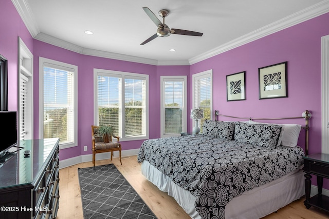 449 Maritime Pl, Pine Knoll Shores, NC 28512 - bedroom featuring ornamental molding, light wood-style flooring, baseboards, recessed lighting, and ceiling fan