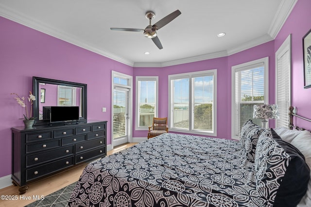 449 Maritime Pl, Pine Knoll Shores, NC 28512 - bedroom with access to exterior, light wood-style floors, ornamental molding, ceiling fan, and baseboards
