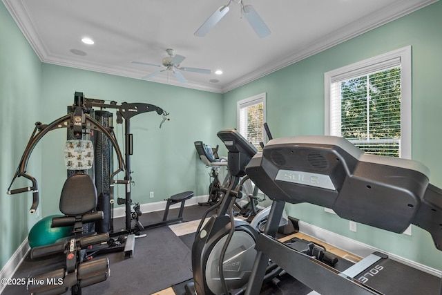449 Maritime Pl, Pine Knoll Shores, NC 28512 - workout area featuring a ceiling fan, baseboards, crown molding, and recessed lighting