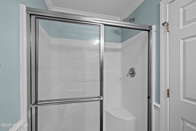 449 Maritime Pl, Pine Knoll Shores, NC 28512 - full bath with a shower with shower door and crown molding