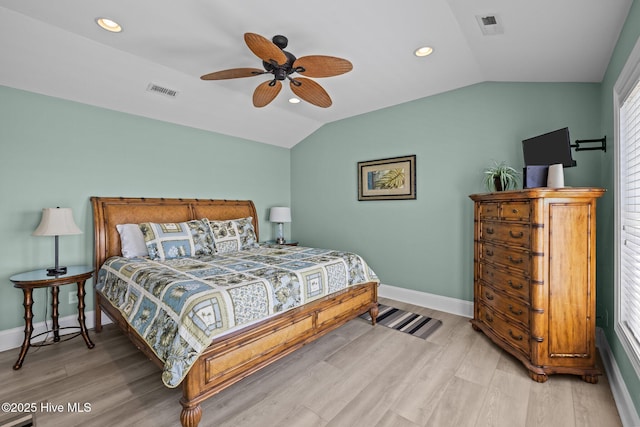 449 Maritime Pl, Pine Knoll Shores, NC 28512 - bedroom with lofted ceiling, wood finished floors, baseboards, recessed lighting, and a ceiling fan