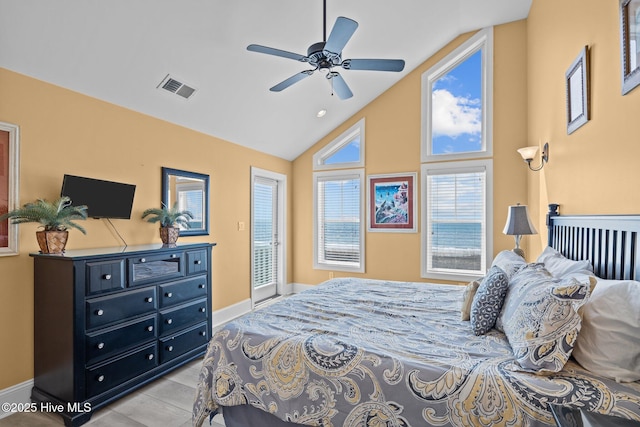 449 Maritime Pl, Pine Knoll Shores, NC 28512 - bedroom with baseboards, high vaulted ceiling, and a ceiling fan