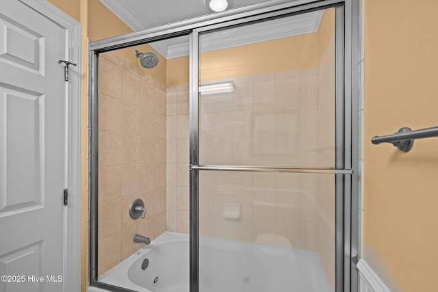 449 Maritime Pl, Pine Knoll Shores, NC 28512 - full bathroom featuring ornamental molding and shower / bath combination with glass door