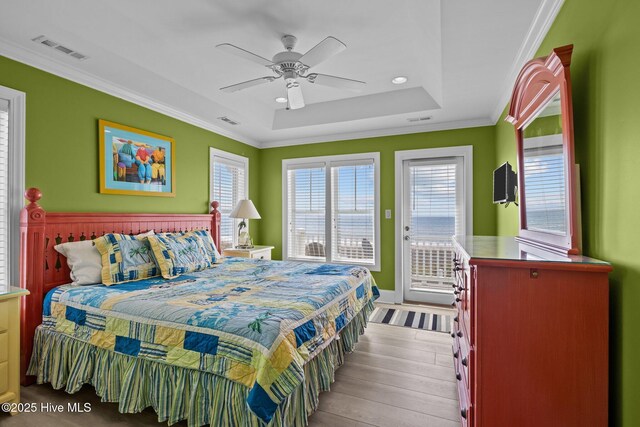 449 Maritime Pl, Pine Knoll Shores, NC 28512 - bedroom with access to exterior, multiple windows, a raised ceiling, crown molding, and light wood finished floors
