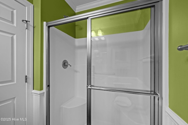 449 Maritime Pl, Pine Knoll Shores, NC 28512 - bathroom featuring a shower with door and crown molding