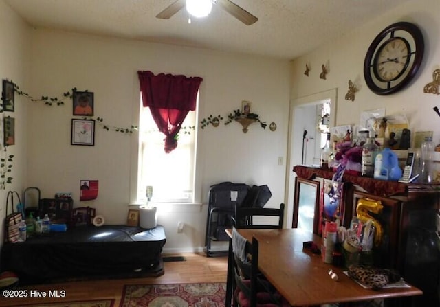 dining room with a ceiling fan and wood finished floors
