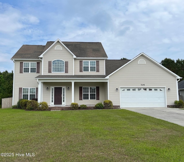 705 Shearwater Ln, Swansboro, NC 28584 - view of front of house featuring driveway, a porch, an attached garage, a front yard, and roof with shingles