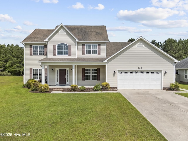 705 Shearwater Ln, Swansboro, NC 28584 - view of front of house with driveway, a porch, an attached garage, a front lawn, and roof with shingles