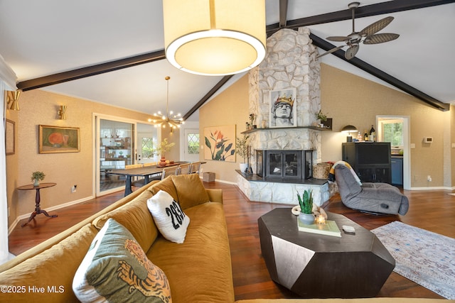 40 Inverness Rd, Pinehurst, NC 28374 - living area with a chandelier, a ceiling fan, a stone fireplace, and wood finished floors