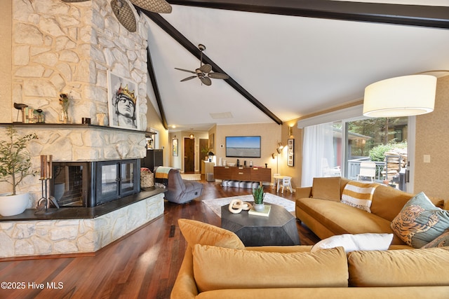 40 Inverness Rd, Pinehurst, NC 28374 - living area featuring wood finished floors, a fireplace, beam ceiling, high vaulted ceiling, and a ceiling fan