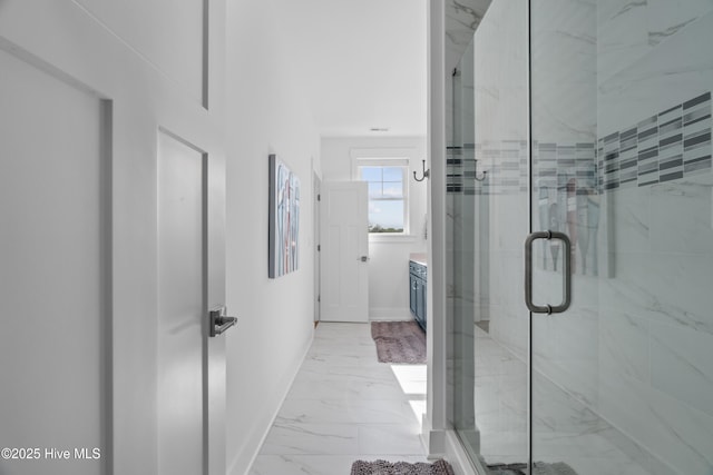 122 Back Creek Dr, Hertford, NC 27944 - full bathroom featuring baseboards, marble finish floor, vanity, and a shower stall