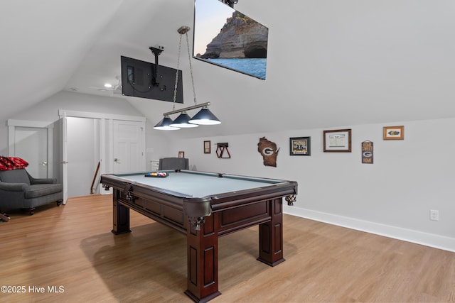 122 Back Creek Dr, Hertford, NC 27944 - rec room featuring pool table, baseboards, vaulted ceiling, and light wood-type flooring