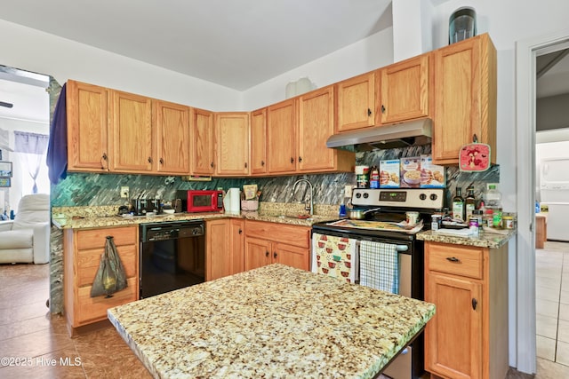 14 Sunnyvale Dr, Wilmington, NC 28412 - kitchen with under cabinet range hood, backsplash, dishwasher, light tile patterned floors, and stainless steel electric stove