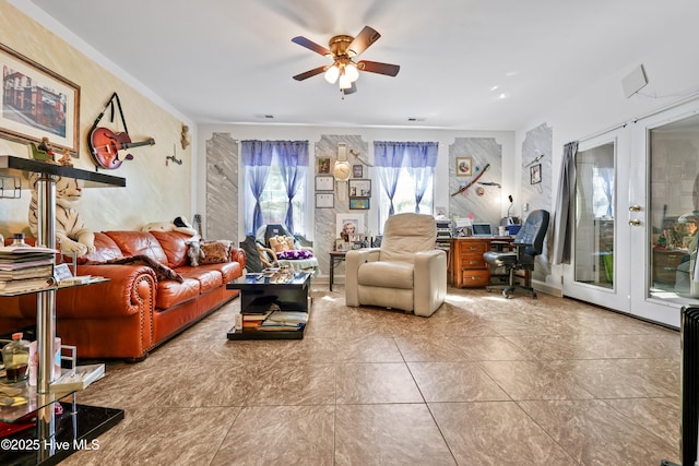 14 Sunnyvale Dr, Wilmington, NC 28412 - tiled living area featuring visible vents, a ceiling fan, and french doors