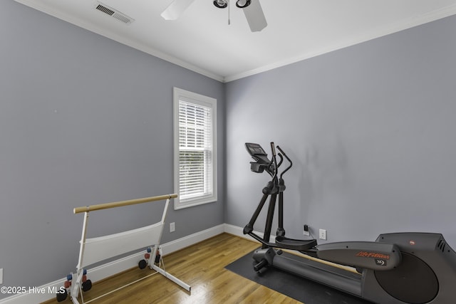 exercise area with wood finished floors, visible vents, a ceiling fan, ornamental molding, and baseboards