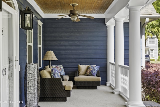 view of patio featuring ceiling fan and covered porch