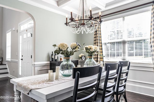 180 Cashew Loop, Cameron, NC 28326 - dining room featuring ornamental molding, baseboards, dark wood-style floors, a chandelier, and arched walkways