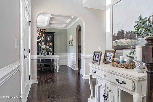 180 Cashew Loop, Cameron, NC 28326 - corridor featuring crown molding, beam ceiling, arched walkways, dark wood-style floors, and coffered ceiling