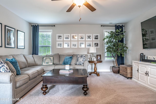 180 Cashew Loop, Cameron, NC 28326 - carpeted living room with a ceiling fan, baseboards, and visible vents