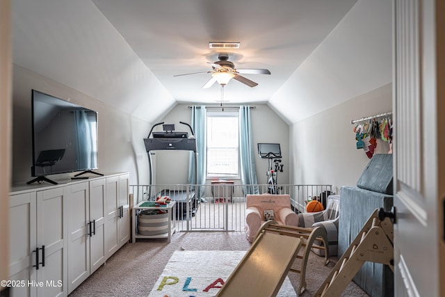 180 Cashew Loop, Cameron, NC 28326 - interior space with light colored carpet, a ceiling fan, vaulted ceiling, and visible vents