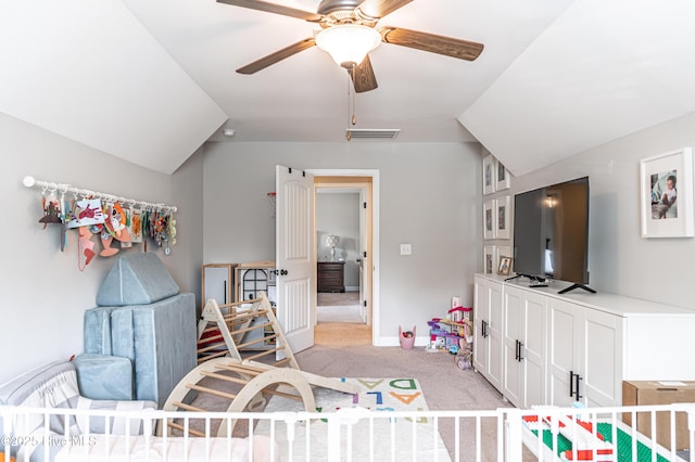 180 Cashew Loop, Cameron, NC 28326 - bedroom with a ceiling fan, visible vents, vaulted ceiling, baseboards, and light carpet