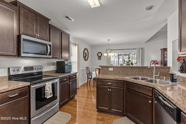 kitchen with stainless steel appliances, a sink, dark brown cabinets, a chandelier, and a peninsula