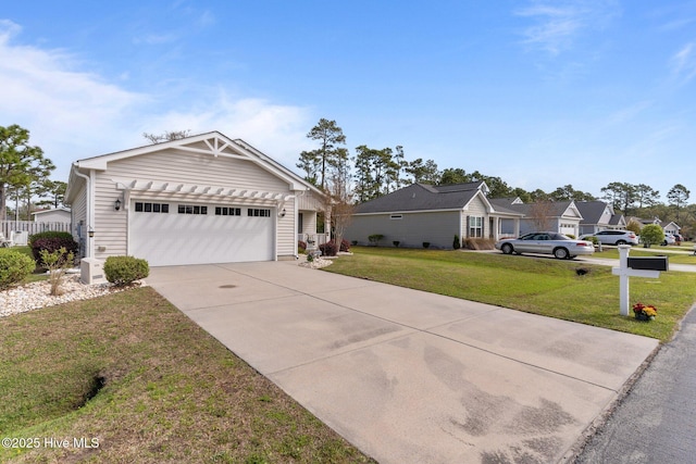 ranch-style home featuring driveway, a front lawn, an attached garage, and a residential view