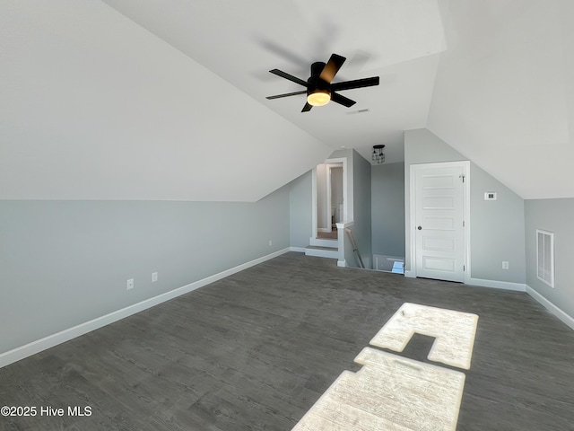 GEORGETOWN Spinnaker Dr, Elizabeth City, NC 27909 - additional living space with visible vents, a ceiling fan, dark wood-style floors, and lofted ceiling