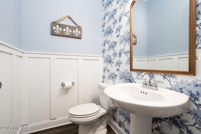 bathroom featuring a wainscoted wall, toilet, and a decorative wall