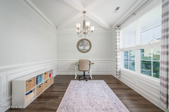 office space with dark wood-style floors, an inviting chandelier, lofted ceiling with beams, visible vents, and wainscoting