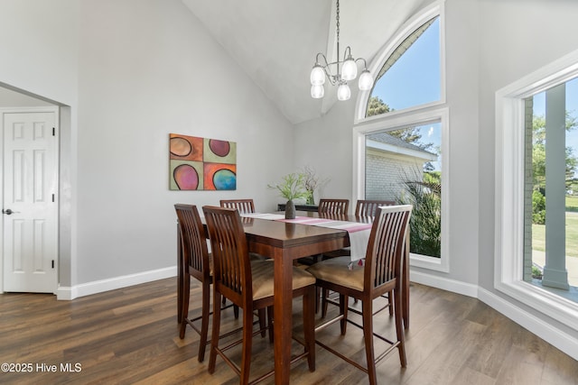 111 Waterway Ct, Aydlett, NC 27916 - dining space with baseboards, dark wood finished floors, a chandelier, and high vaulted ceiling