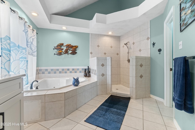 111 Waterway Ct, Aydlett, NC 27916 - full bathroom with recessed lighting, a bath, tile patterned floors, and tiled shower
