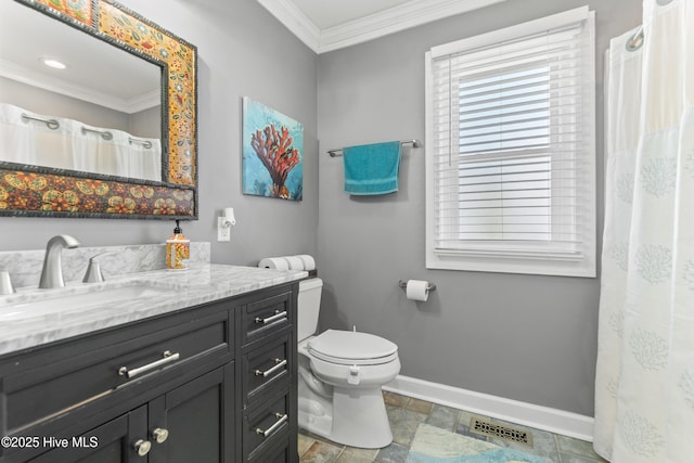 111 Waterway Ct, Aydlett, NC 27916 - full bath with visible vents, crown molding, baseboards, vanity, and toilet