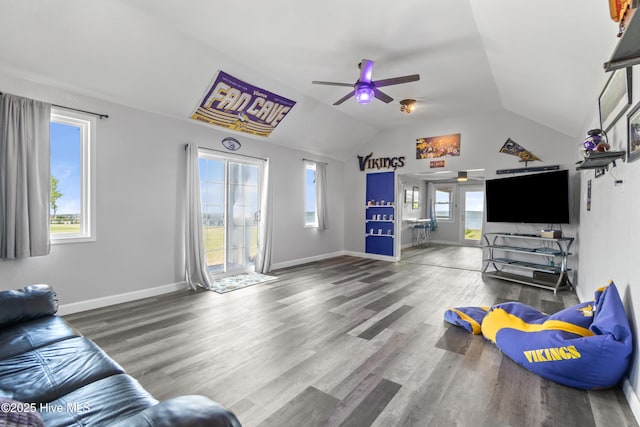 111 Waterway Ct, Aydlett, NC 27916 - living area featuring wood finished floors, baseboards, ceiling fan, and lofted ceiling