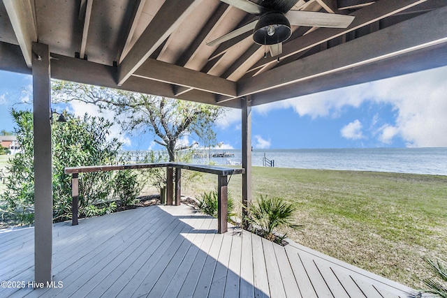 111 Waterway Ct, Aydlett, NC 27916 - wooden deck with a lawn, a water view, and a ceiling fan