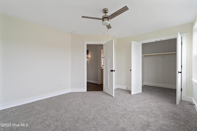 unfurnished bedroom with a ceiling fan, baseboards, carpet floors, and a closet