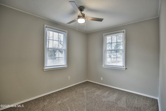 unfurnished room featuring a textured ceiling, carpet, a healthy amount of sunlight, and ceiling fan