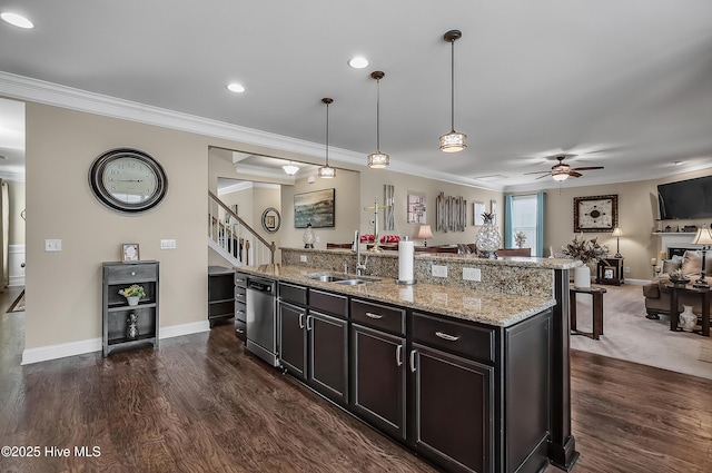 6509 Fawn Settle Dr, Wilmington, NC 28409 - kitchen featuring open floor plan, crown molding, a kitchen bar, dark wood-style floors, and dishwasher