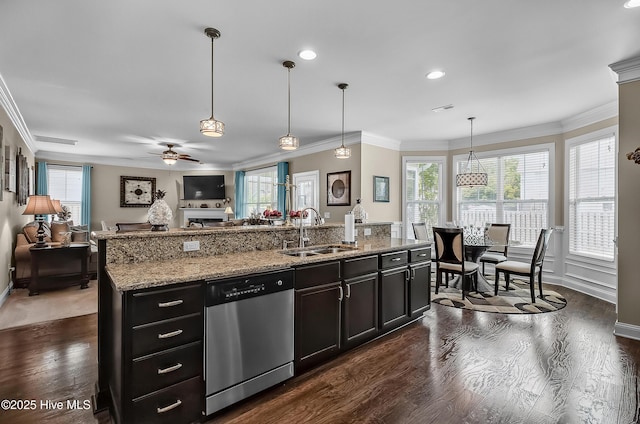 6509 Fawn Settle Dr, Wilmington, NC 28409 - kitchen with dishwasher, dark wood-style floors, crown molding, healthy amount of natural light, and recessed lighting
