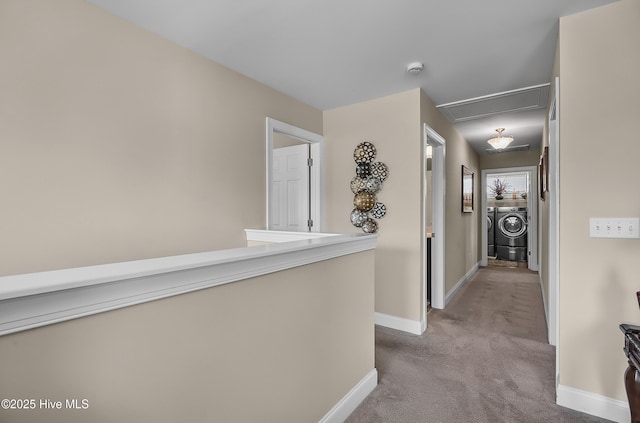 6509 Fawn Settle Dr, Wilmington, NC 28409 - hallway featuring attic access, separate washer and dryer, and carpet flooring