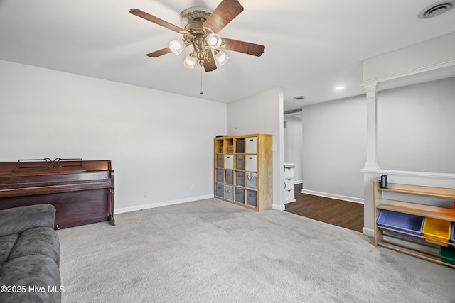 1401 W Queen St, Edenton, NC 27932 - sitting room featuring baseboards, visible vents, carpet, recessed lighting, and ceiling fan