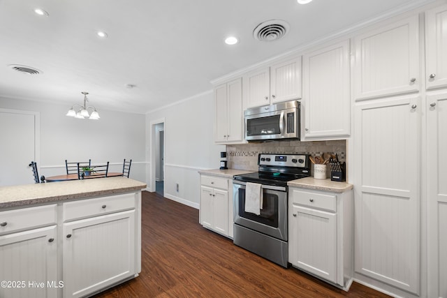 1401 W Queen St, Edenton, NC 27932 - kitchen featuring tasteful backsplash, visible vents, white cabinetry, appliances with stainless steel finishes, and dark wood-style floors