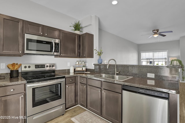 141 Beacon Woods Dr, Holly Ridge, NC 28445 - kitchen featuring appliances with stainless steel finishes, a sink, a peninsula, dark brown cabinets, and light wood-type flooring