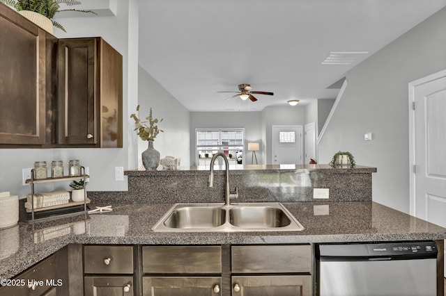 141 Beacon Woods Dr, Holly Ridge, NC 28445 - kitchen featuring a sink, stainless steel dishwasher, dark brown cabinetry, ceiling fan, and a peninsula