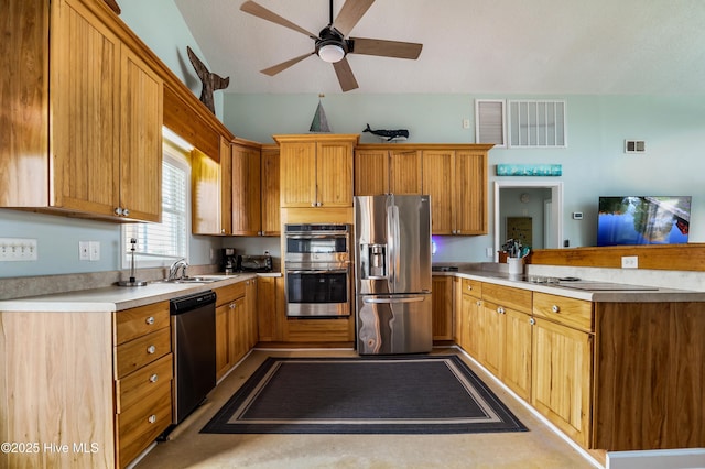 living room with ceiling fan, lofted ceiling, wood finished floors, and visible vents