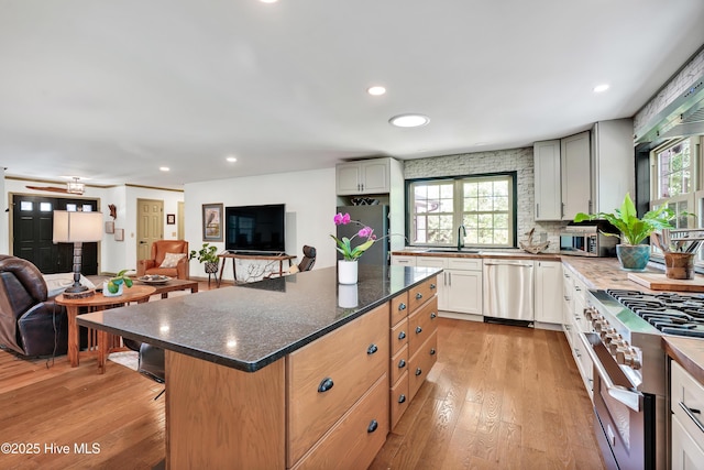 kitchen with appliances with stainless steel finishes, a sink, healthy amount of natural light, open floor plan, and recessed lighting