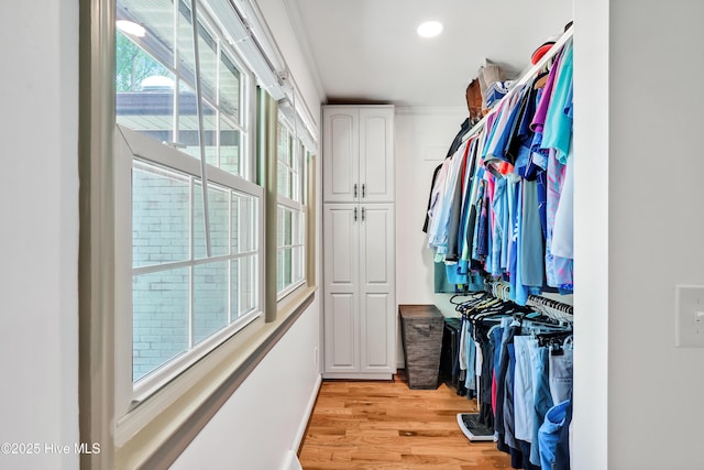 walk in closet with light wood-style flooring