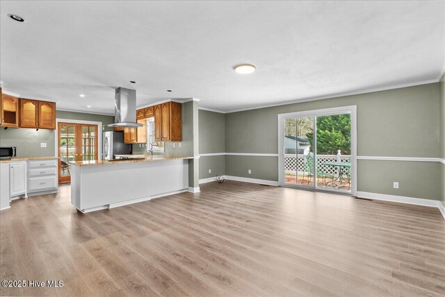 kitchen featuring ornamental molding, island range hood, appliances with stainless steel finishes, and a healthy amount of sunlight