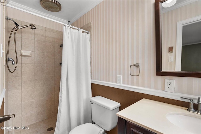 full bath featuring crown molding, vanity, wallpapered walls, and a stall shower