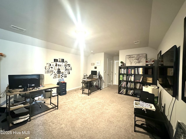office area featuring carpet floors, visible vents, and baseboards